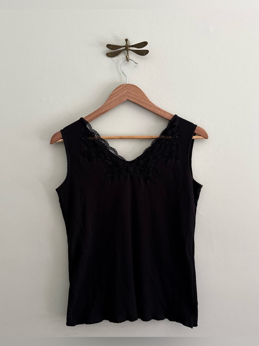 Vintage Ribbed Black Lace Trim Sleeveless Tank Top Large